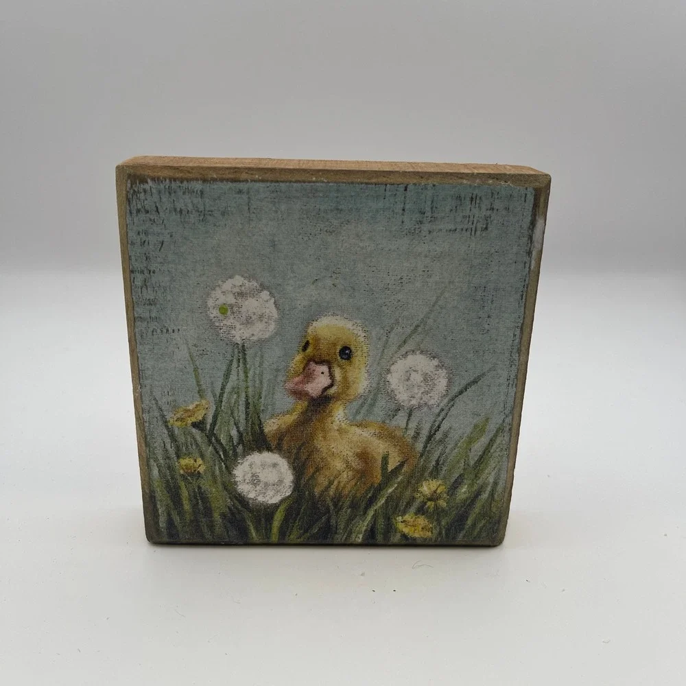 Primitive by Kathy Duckling Dandelion Wood Block Sign Rustic Farmhouse Decor 4x4